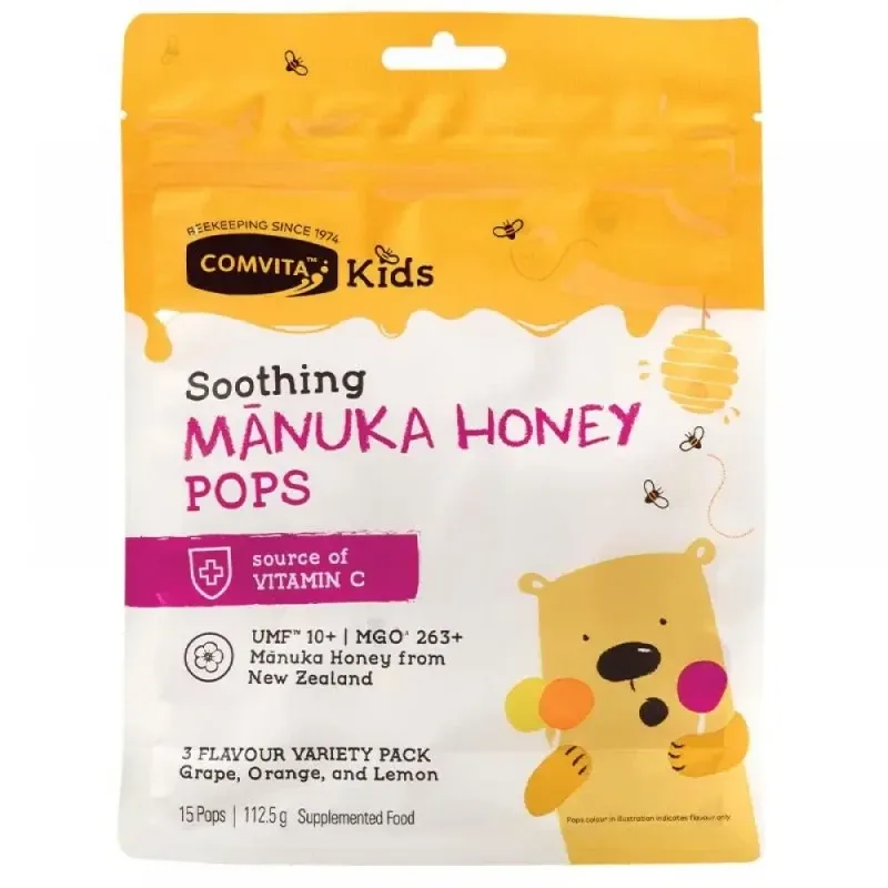Comvita Kids Soothing 15 Pops Manuka Honey 康维他儿童蜂蜜糖棒棒糖3种口味 15粒【保质期2028.09】